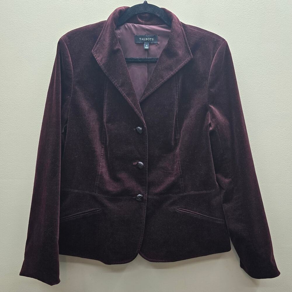 Talbots Velvet Blazer Jacket Womens Size 12 Dark Academia Preppy Burgundy Wine